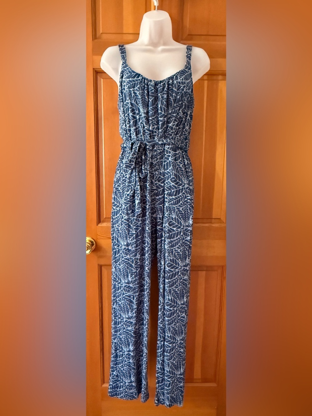Lyle & Scott Navy and White Leaf-Print Jumpsuit with Tie Waist